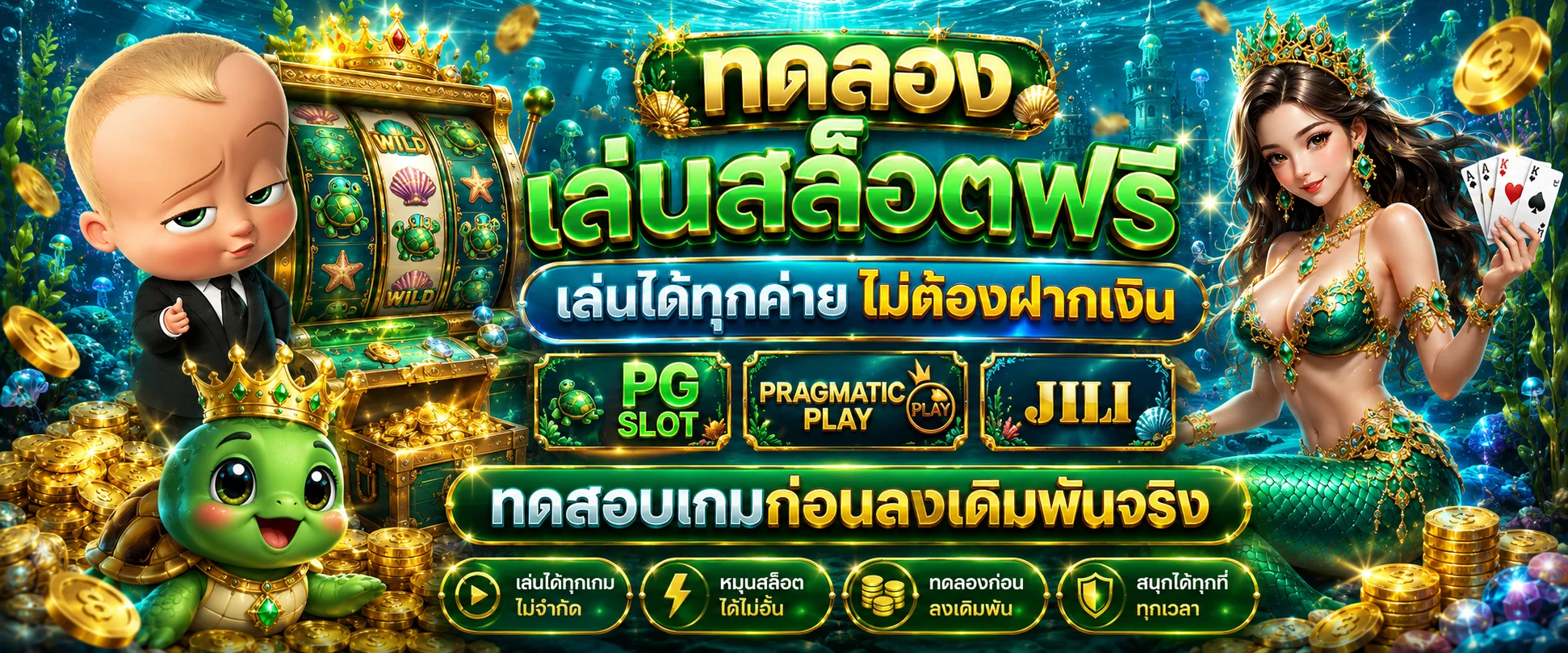 แบนเนอร์ทดลองเล่นสล็อต PG ฟรีที่ Turtle99